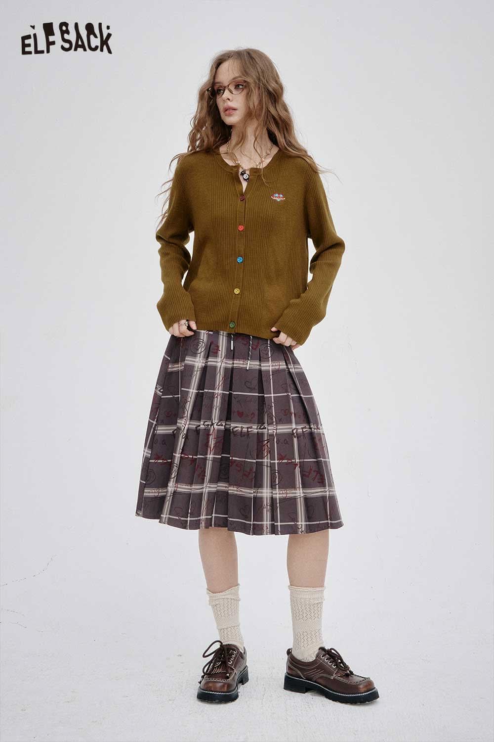 ELFSACK colorful button knit sweater paired with a plaid skirt for a trendy fall look