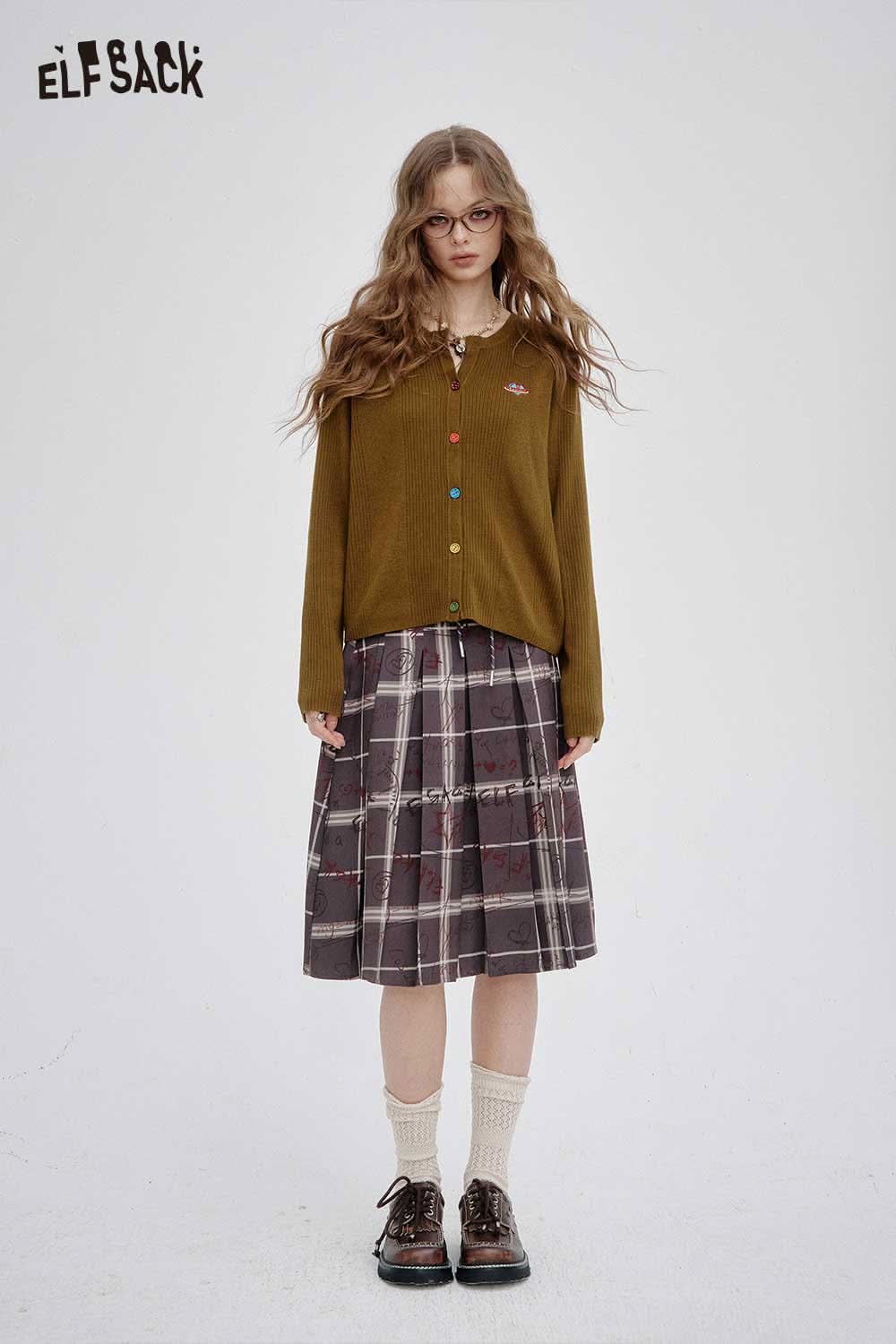 ELFSACK colorful button knit sweater paired with a plaid skirt for a stylish, cozy look