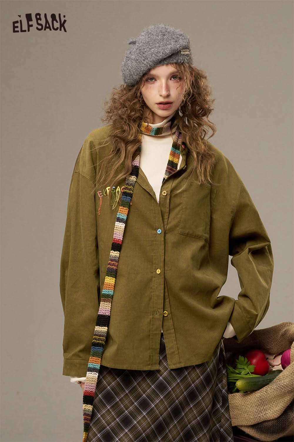 Stylish ELFSACK colorful button pocket shirt for women in olive green, perfect for trendy outfits.