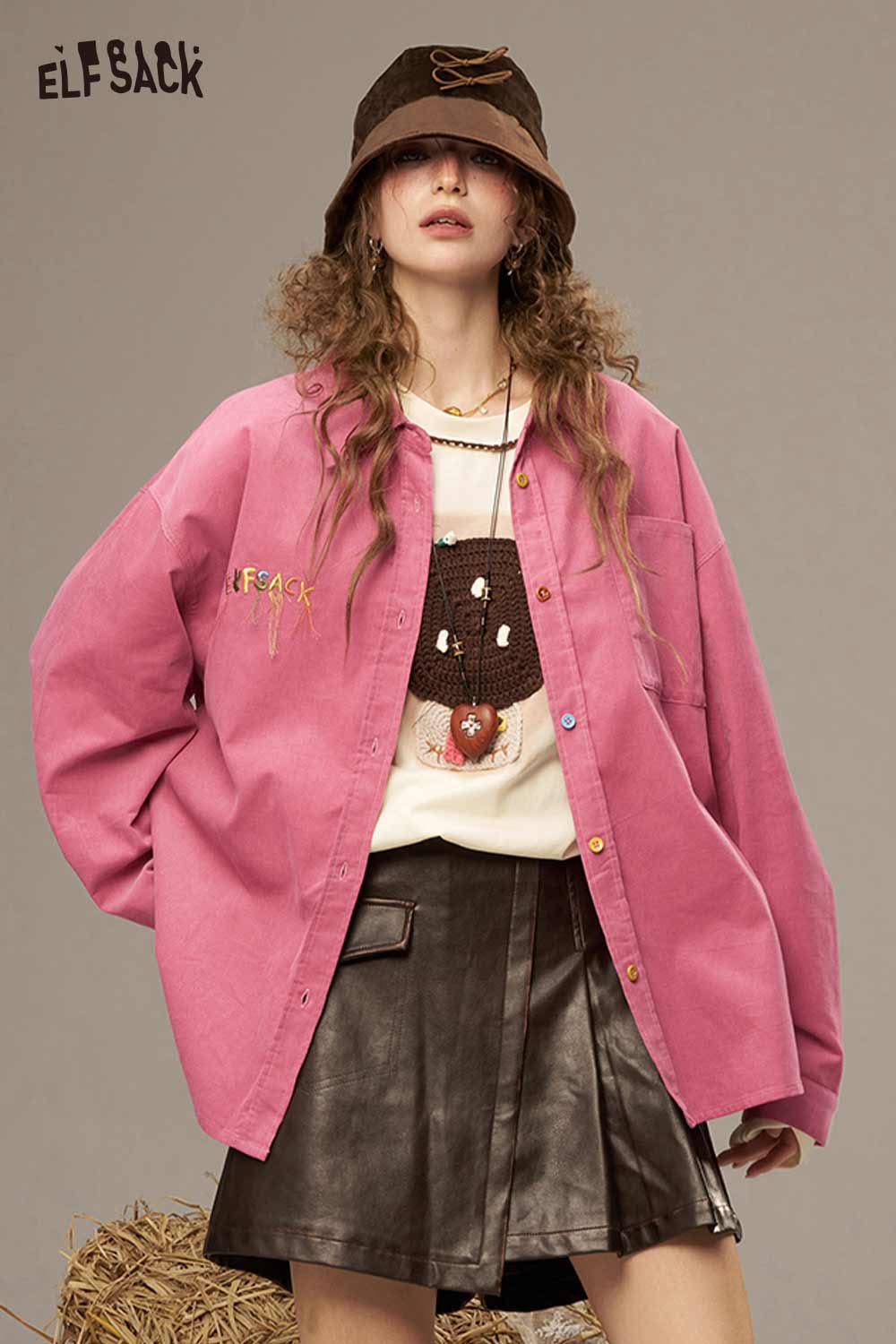 ELFSACK colorful button pocket shirt for women in vibrant pink with a relaxed fit
