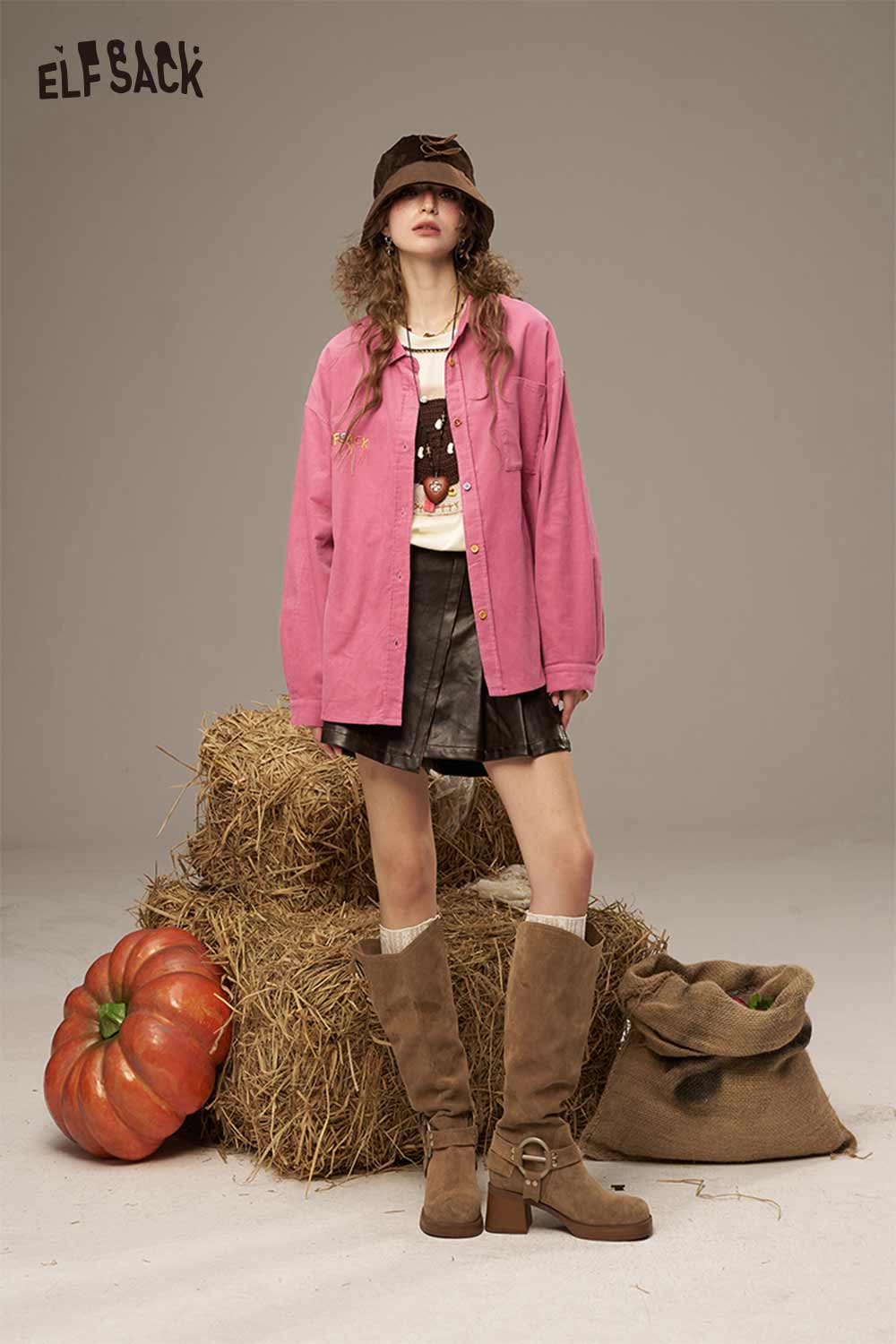 Stylish ELFSACK colorful button pocket shirt for women paired with a mini skirt and accessories