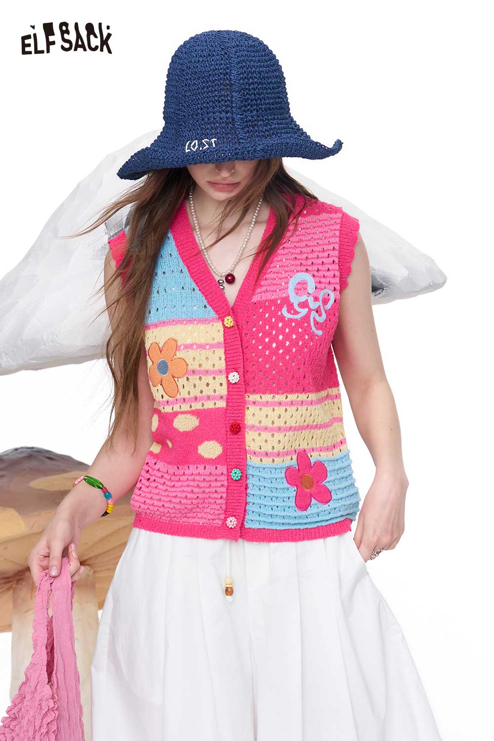ELFSACK Colorful Floral Crochet Knit Vest