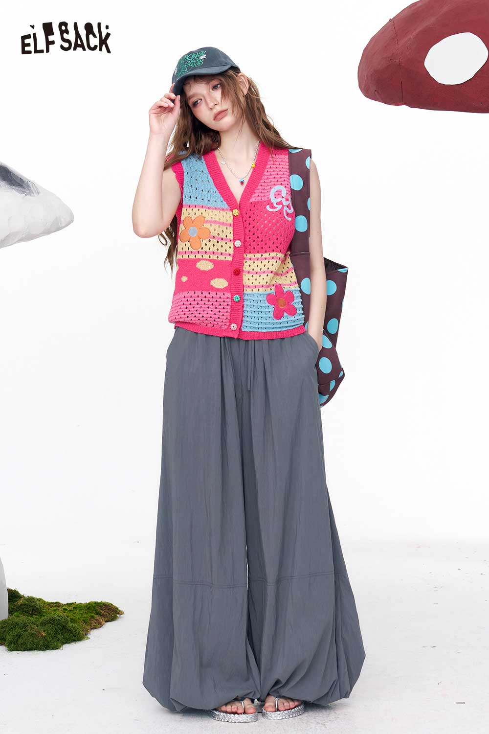 ELFSACK Colorful Floral Crochet Knit Vest