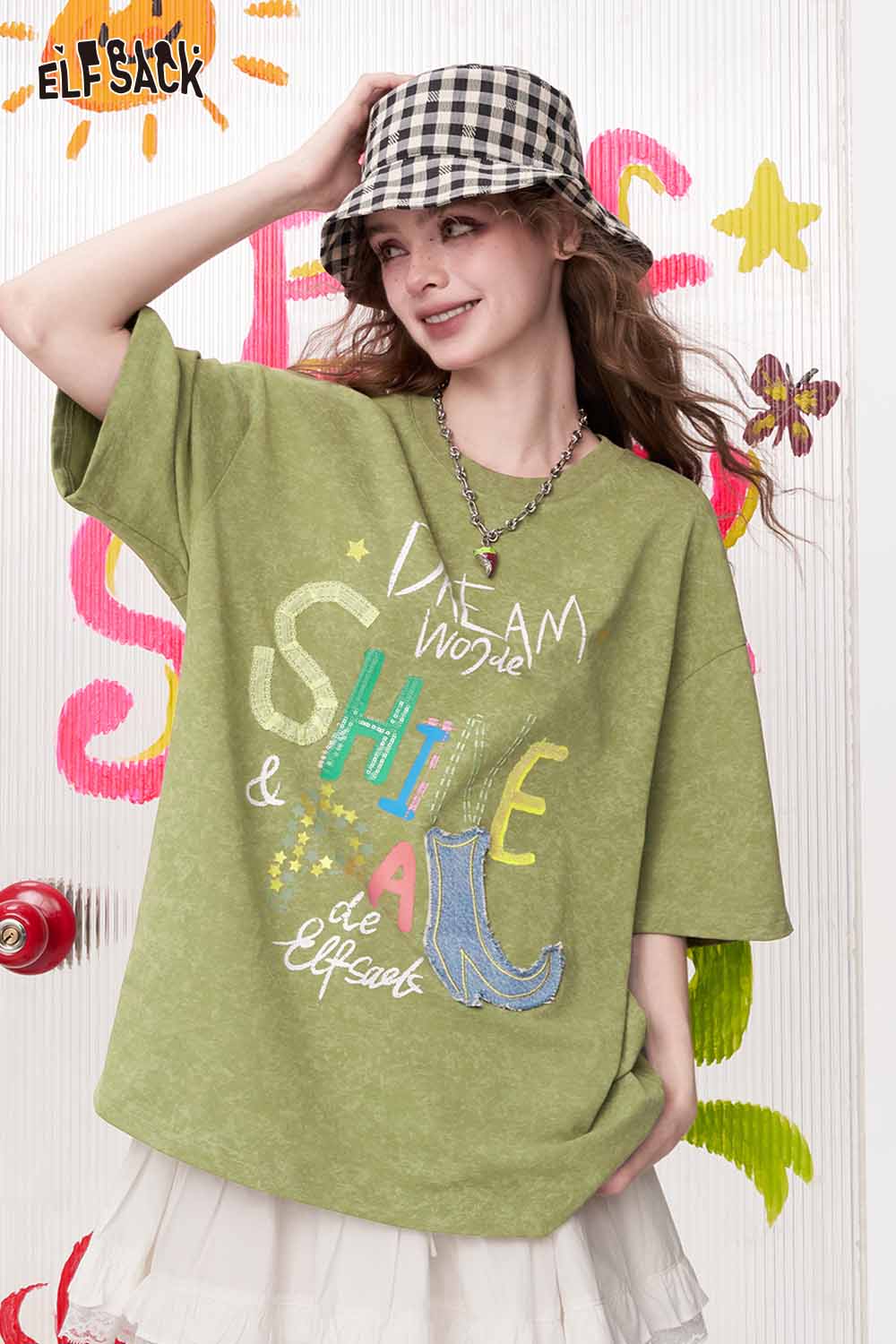 ELFSACK Colorful Letter Denim Patch Oversized Tee
