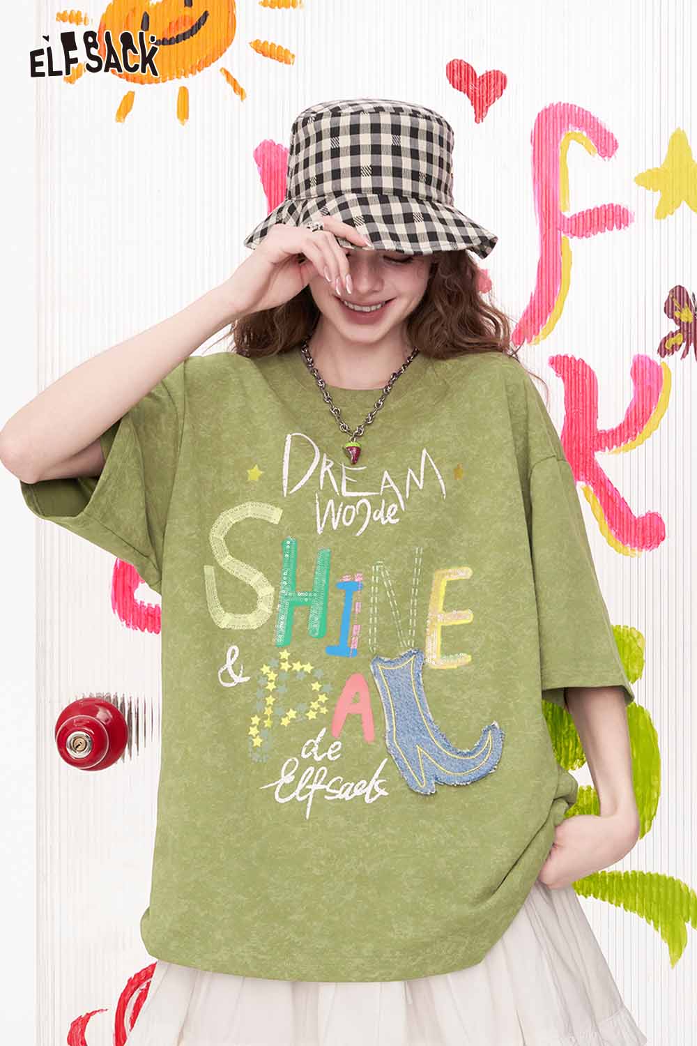 ELFSACK Colorful Letter Denim Patch Oversized Tee