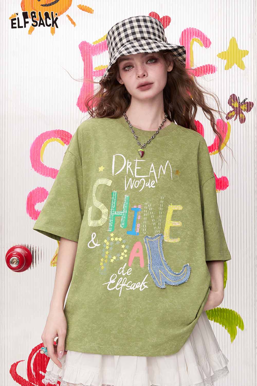 ELFSACK Colorful Letter Denim Patch Oversized Tee