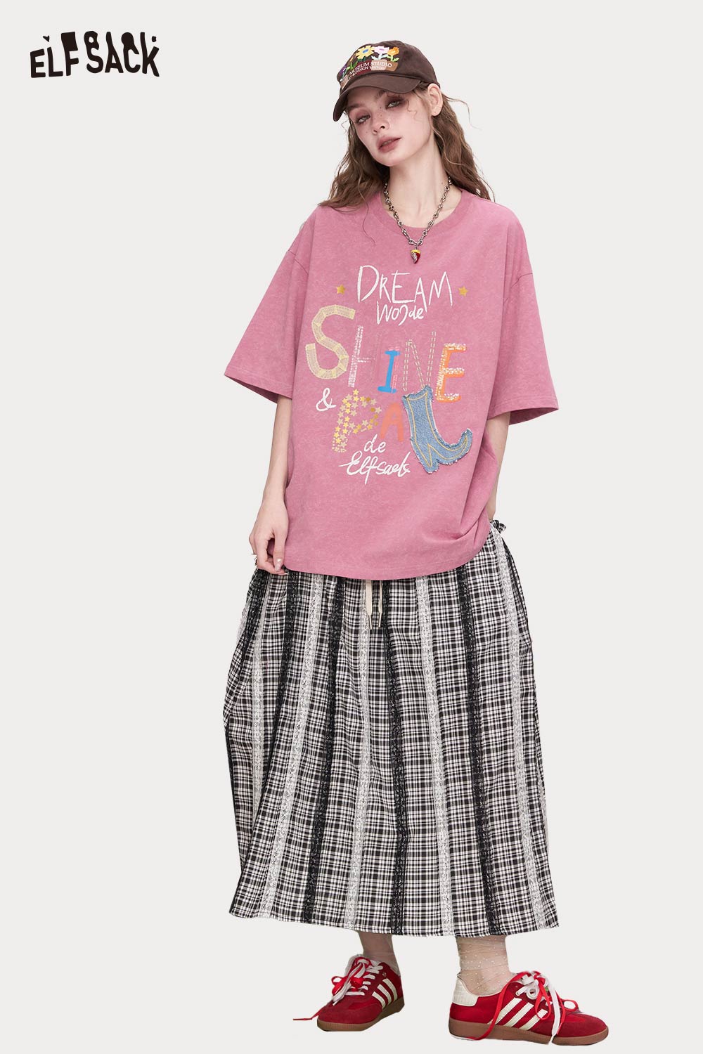 ELFSACK Colorful Letter Denim Patch Oversized Tee