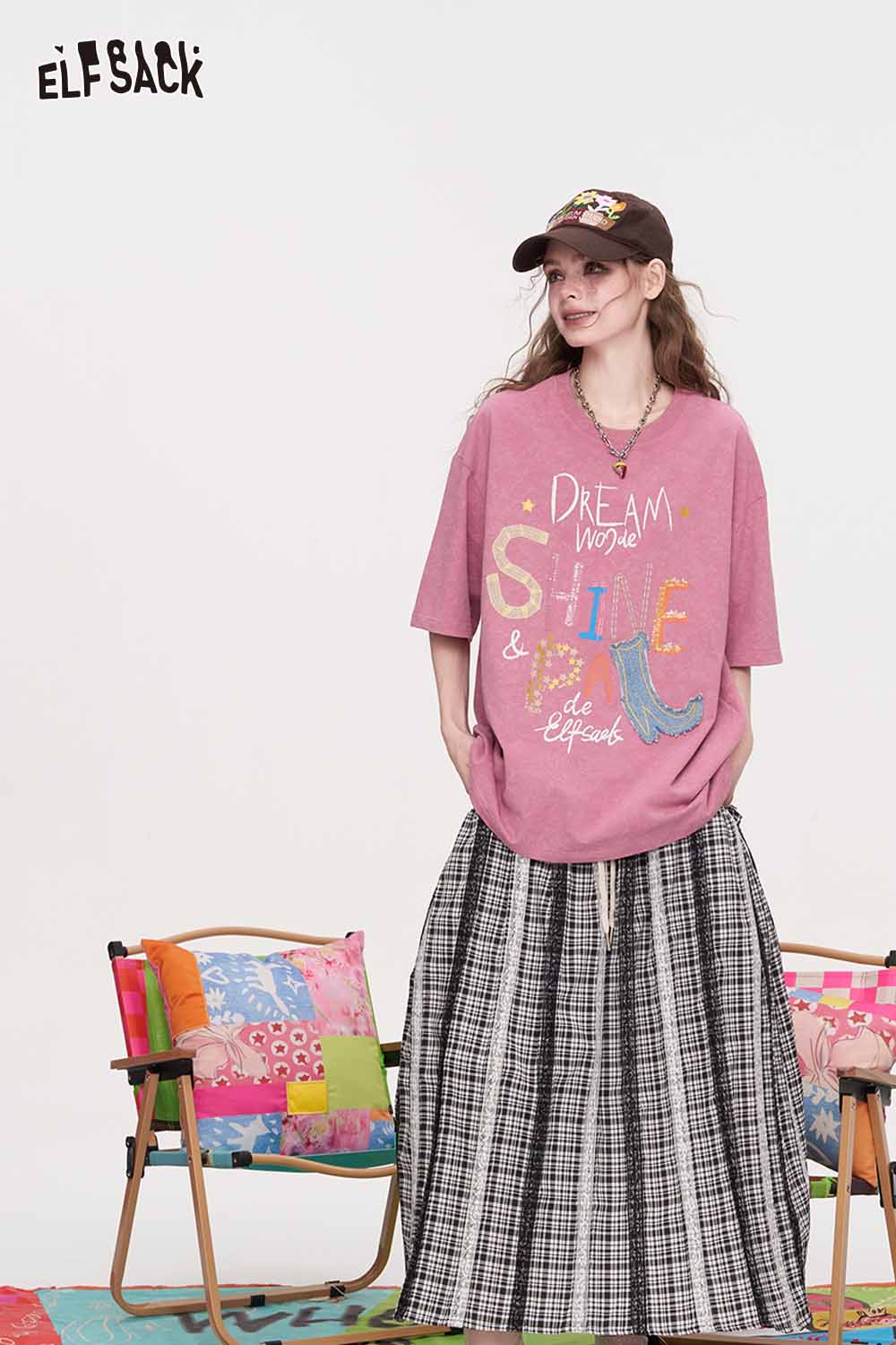 ELFSACK Colorful Letter Denim Patch Oversized Tee