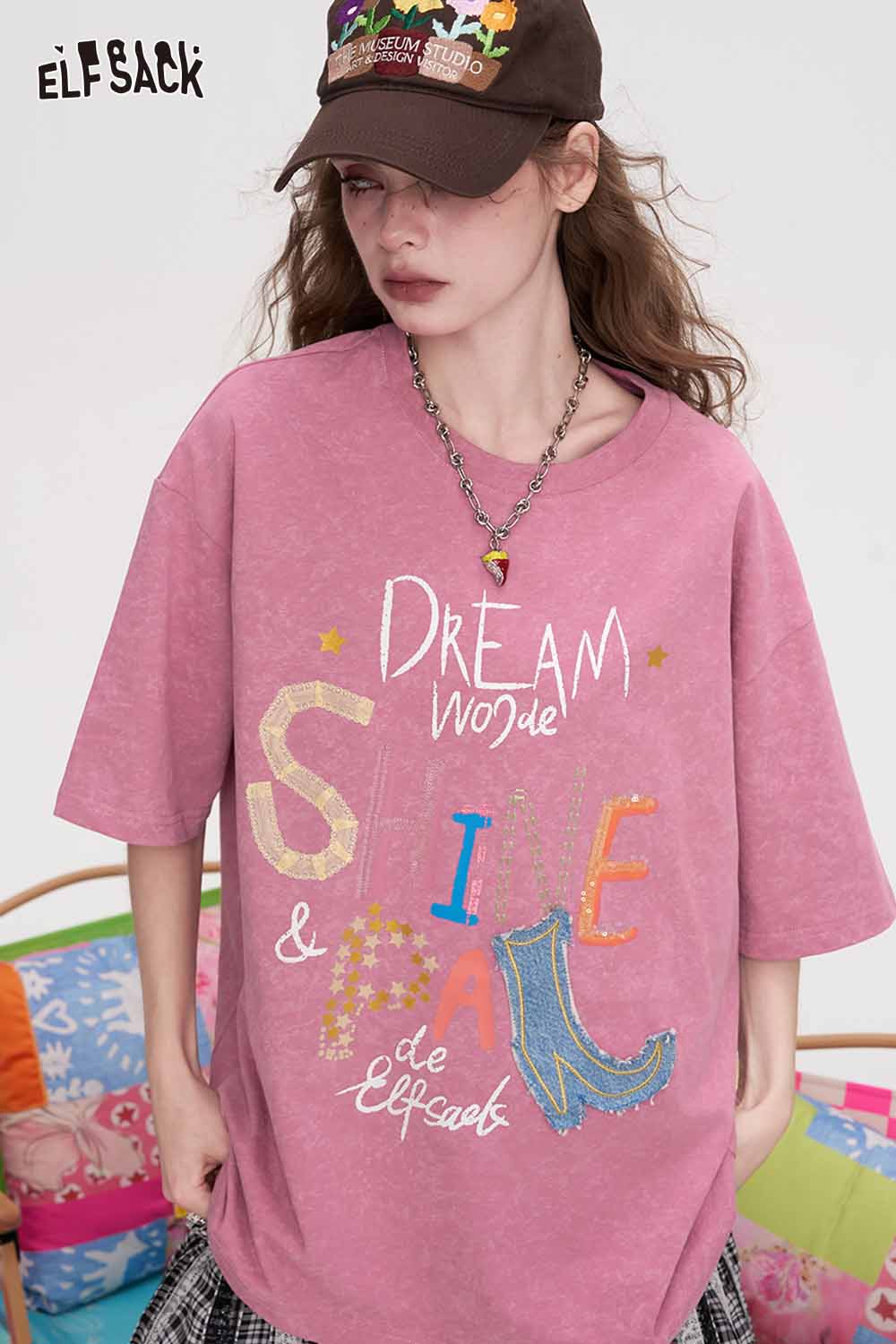 ELFSACK Colorful Letter Denim Patch Oversized Tee