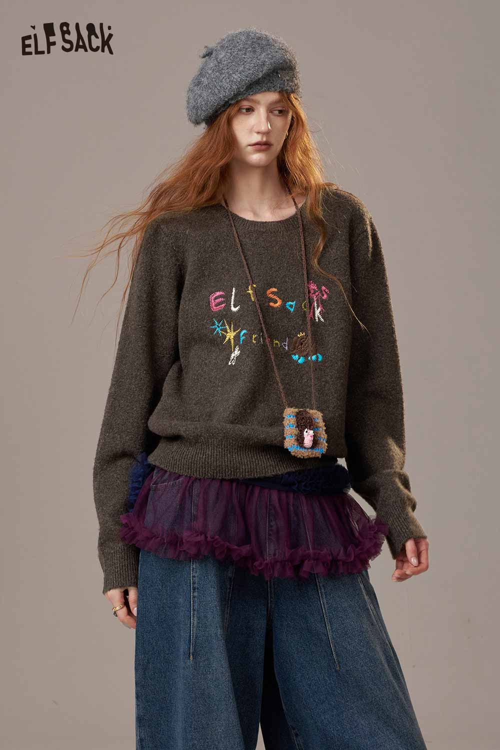 ELFSACK colorful logo embroidery sweater in dark grey with vibrant embroidered details and layered tulle.