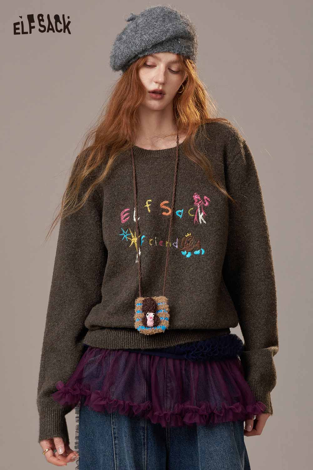 ELFSACK colorful logo embroidery sweater styled with a layered tulle skirt and accessories