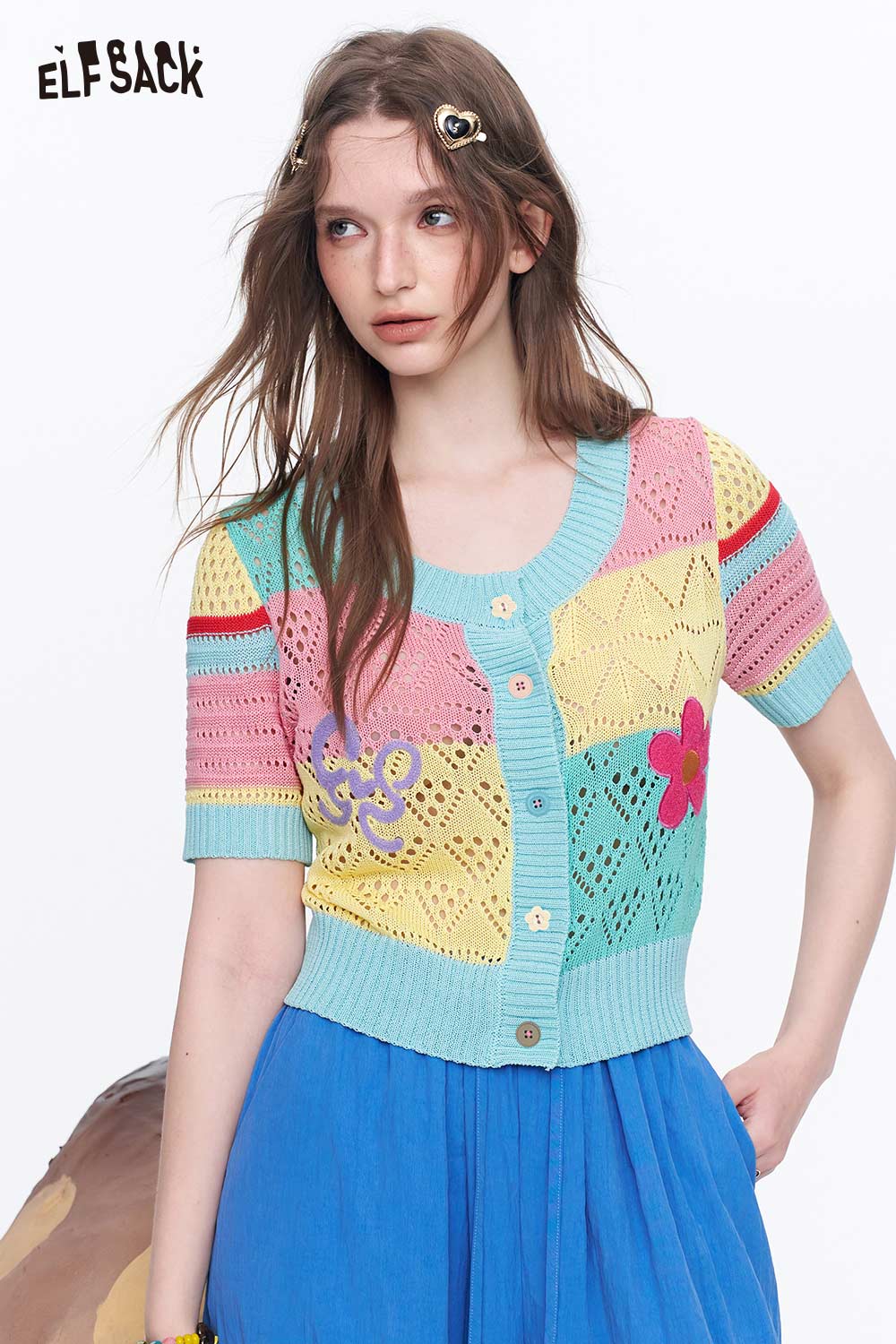 ELFSACK Colorful Patchwork Crochet Knit Cardigan