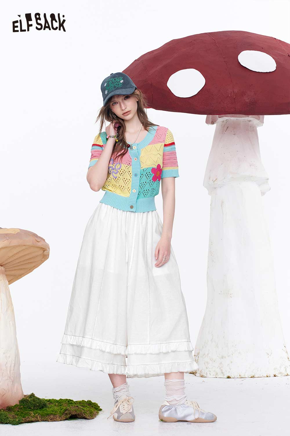 ELFSACK Colorful Patchwork Crochet Knit Cardigan