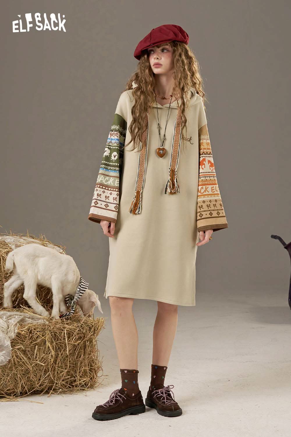 ELFSACK colorful print hooded sweatshirt dress featuring long sleeves and playful designs