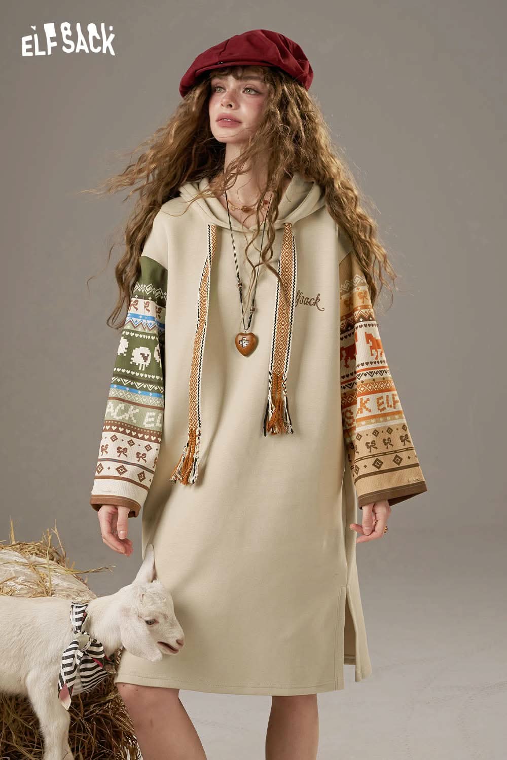 ELFSACK colorful print hooded sweatshirt dress featuring unique designs and comfortable fit