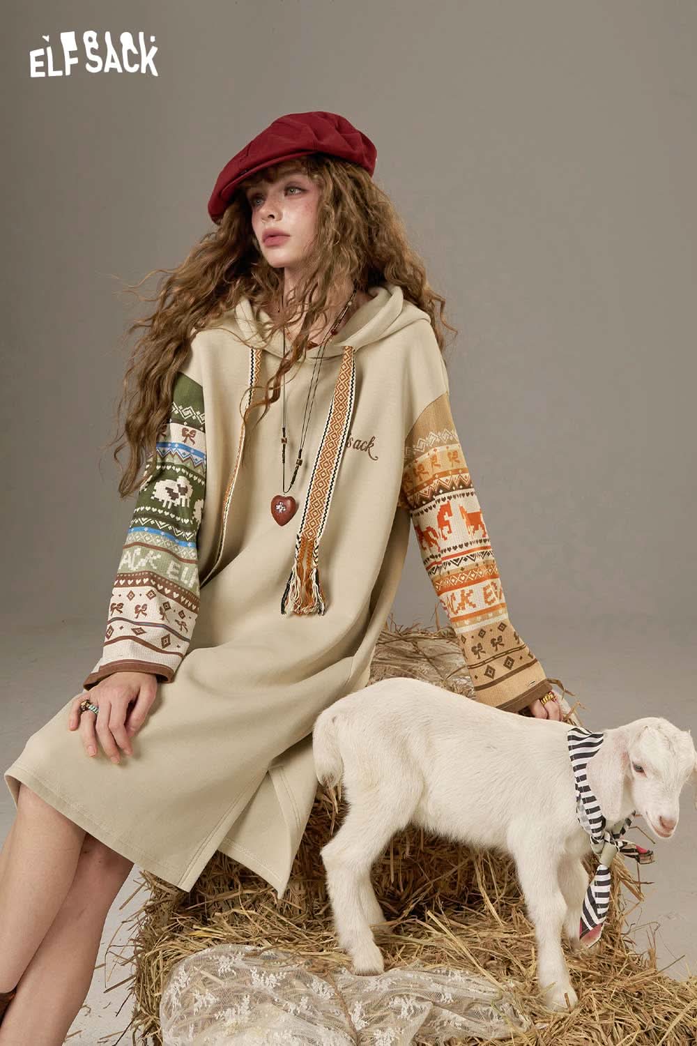 ELFSACK colorful print hooded sweatshirt dress with vibrant sleeves and relaxed fit for casual wear