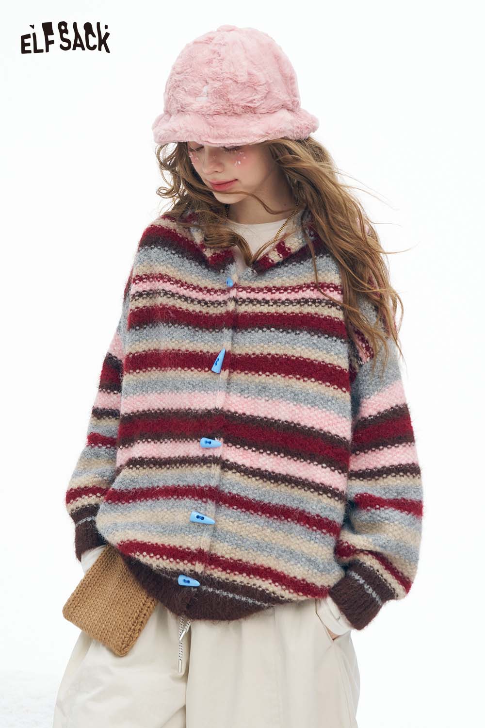 ELFSACK colorful striped hooded sweater women with cozy texture and button details, perfect for chilly days