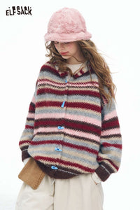 ELFSACK colorful striped hooded sweater women with cozy texture and button details, perfect for chilly days