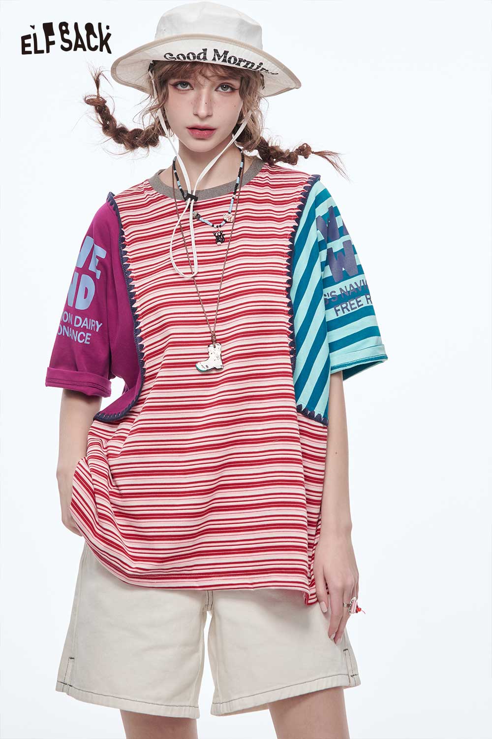 ELFSACK Contrast Color Stripe Patchwork Oversized Crewneck T-Shirt