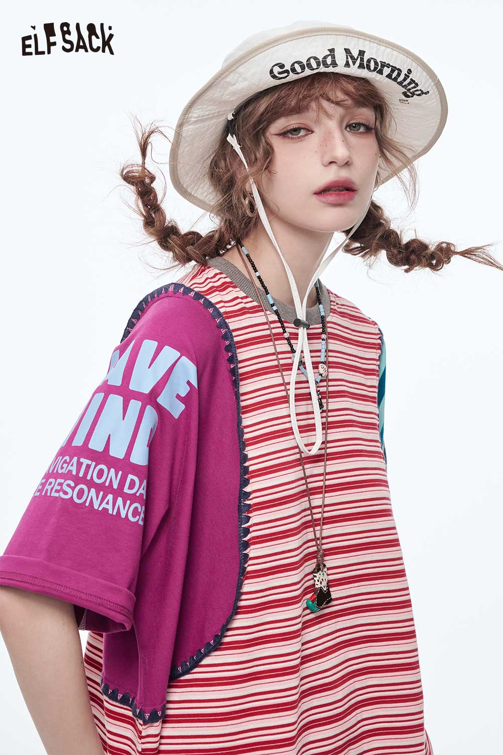 ELFSACK Contrast Color Stripe Patchwork Oversized Crewneck T-Shirt
