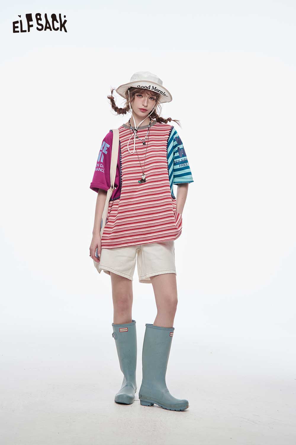 ELFSACK Contrast Color Stripe Patchwork Oversized Crewneck T-Shirt