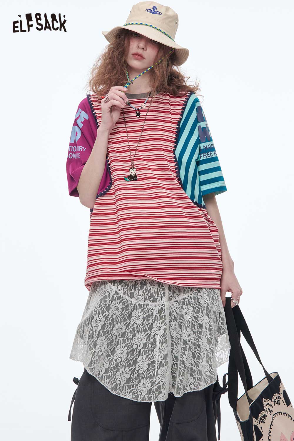 ELFSACK Contrast Color Stripe Patchwork Oversized Crewneck T-Shirt