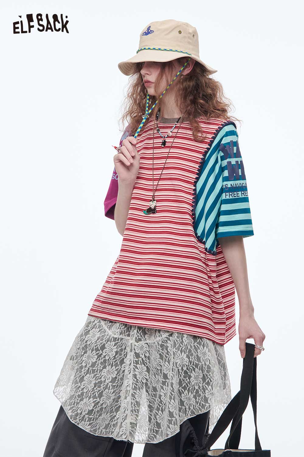 ELFSACK Contrast Color Stripe Patchwork Oversized Crewneck T-Shirt