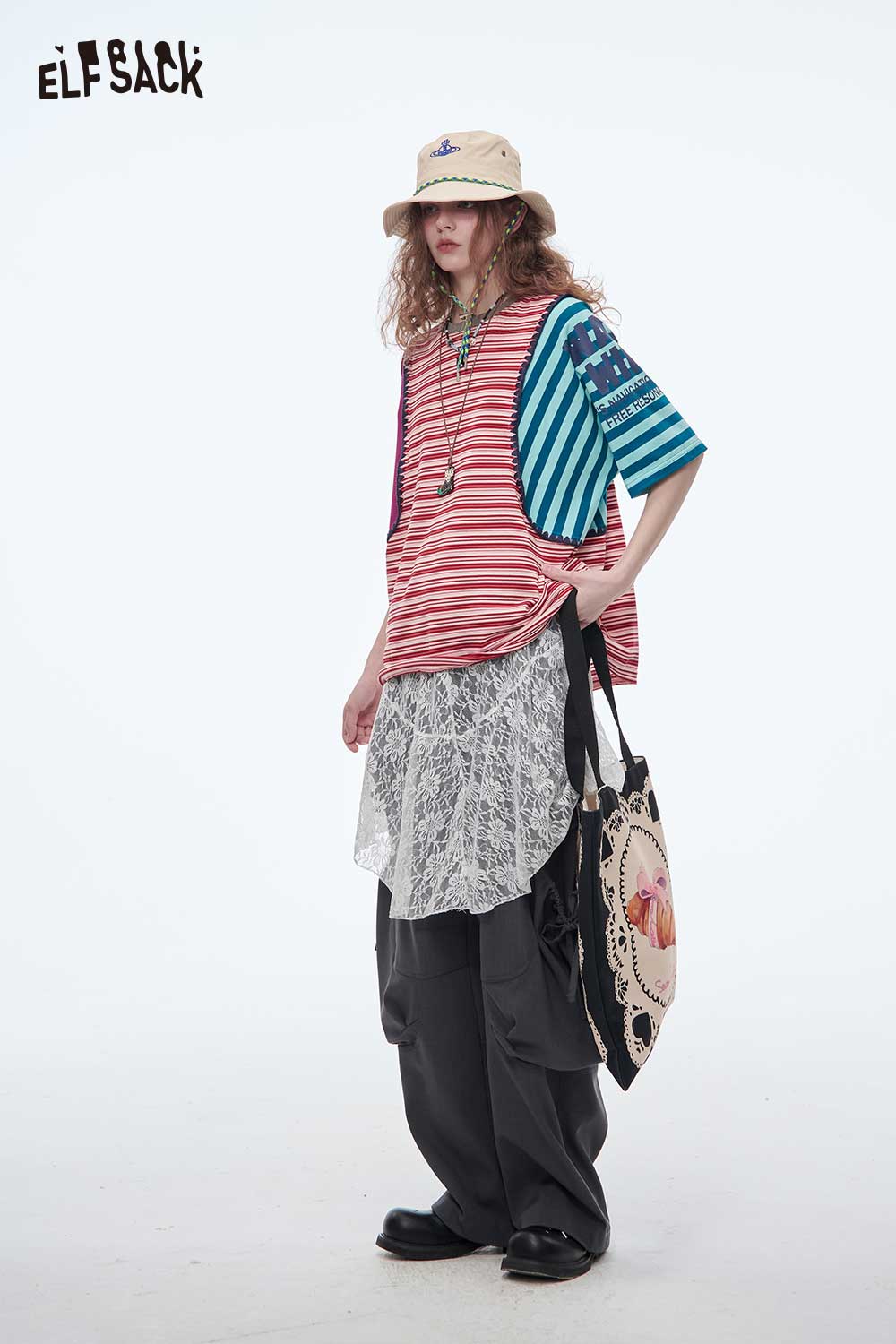 ELFSACK Contrast Color Stripe Patchwork Oversized Crewneck T-Shirt