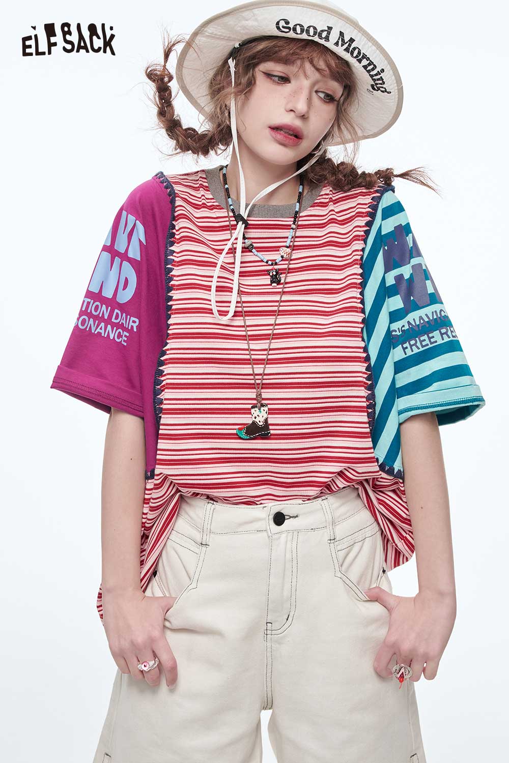 ELFSACK Contrast Color Stripe Patchwork Oversized Crewneck T-Shirt