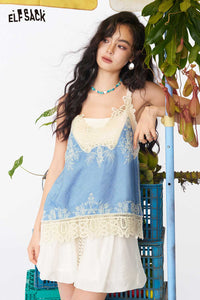 ELFSACK Contrast Lace Ruched Floral Cami Top