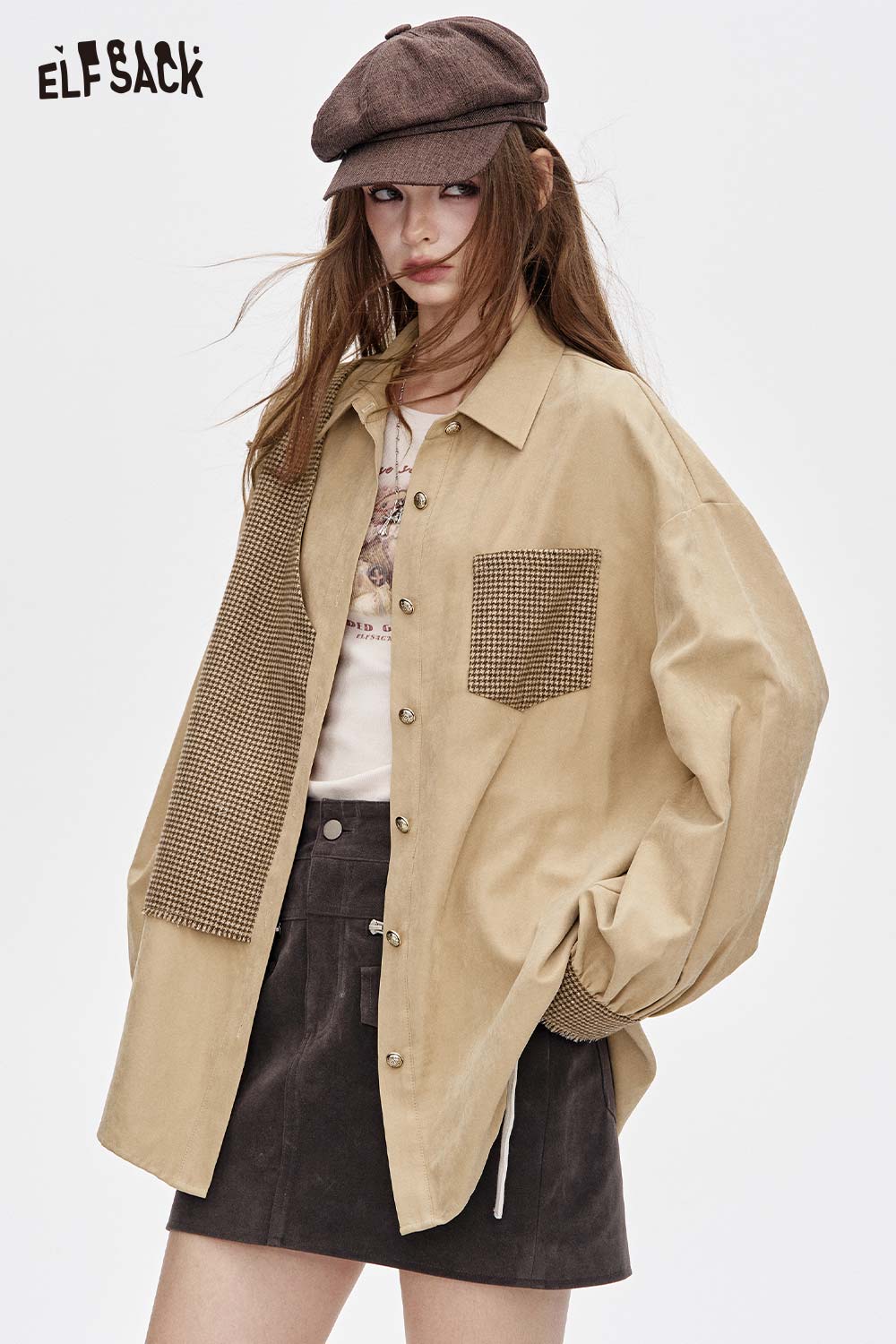 ELFSACK contrast panel oversized shirt in beige with stylish pocket and relaxed fit for casual wear
