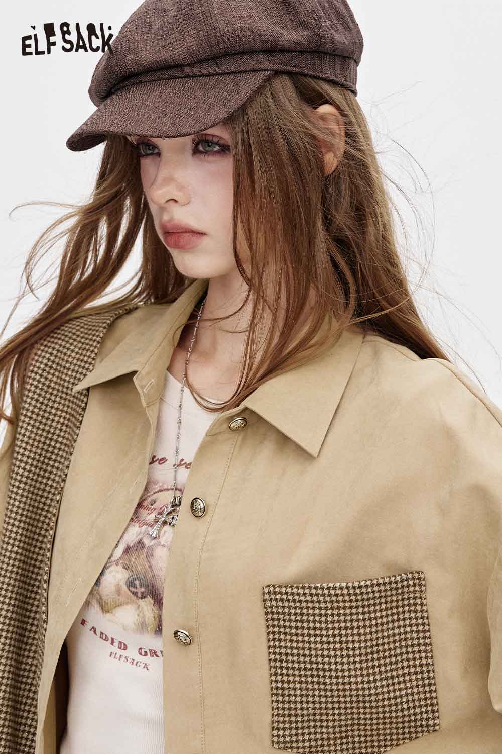 ELFSACK contrast panel oversized shirt in beige with stylish pocket and casual style for women