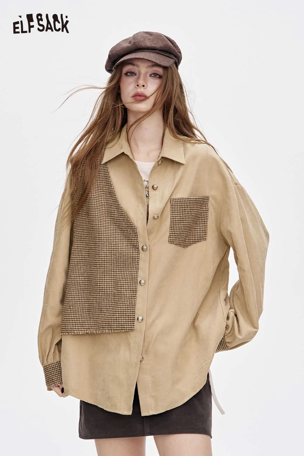 ELFSACK contrast panel oversized shirt in beige with unique design and relaxed fit for casual wear