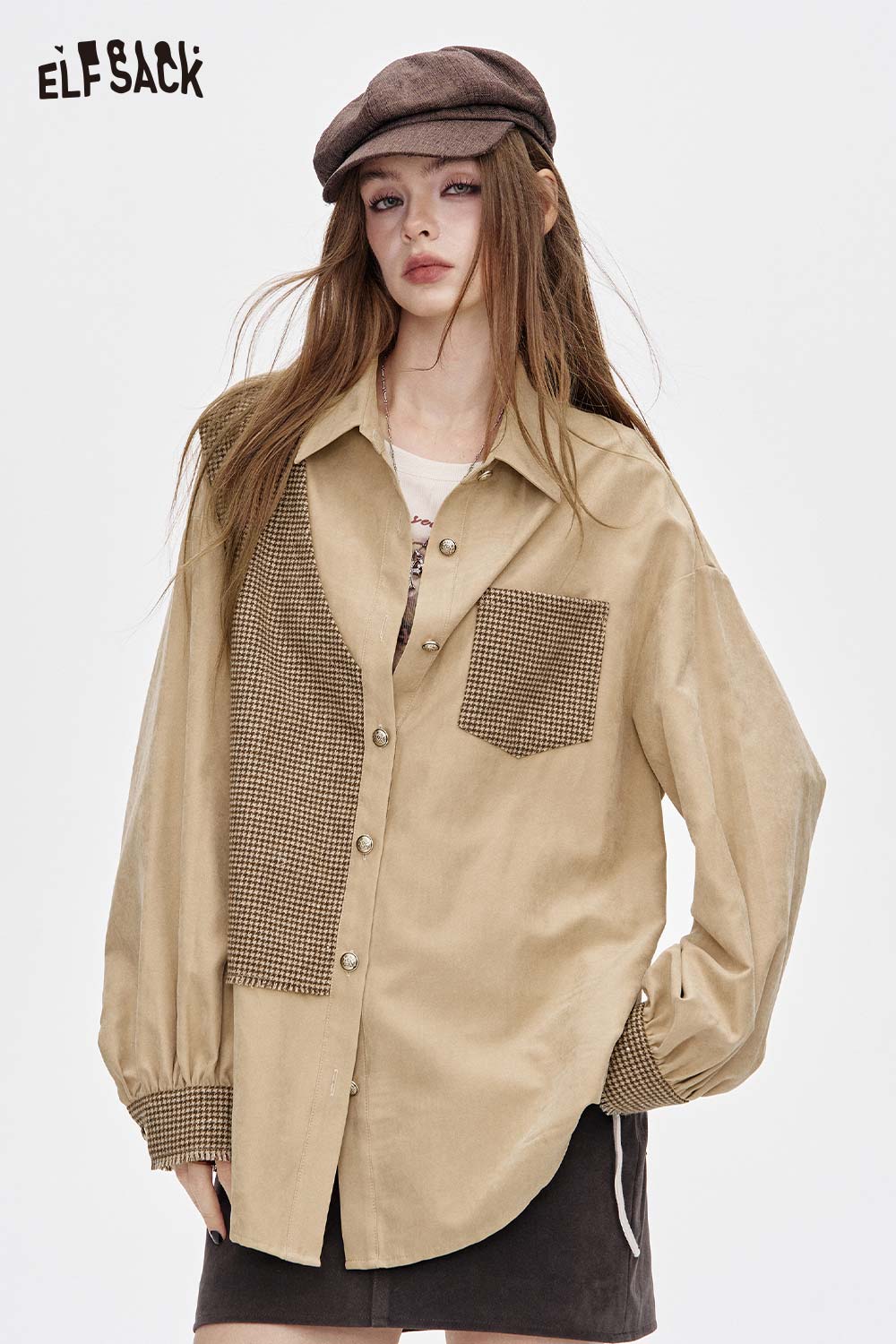 ELFSACK contrast panel oversized shirt in beige with checkered pocket and button details
