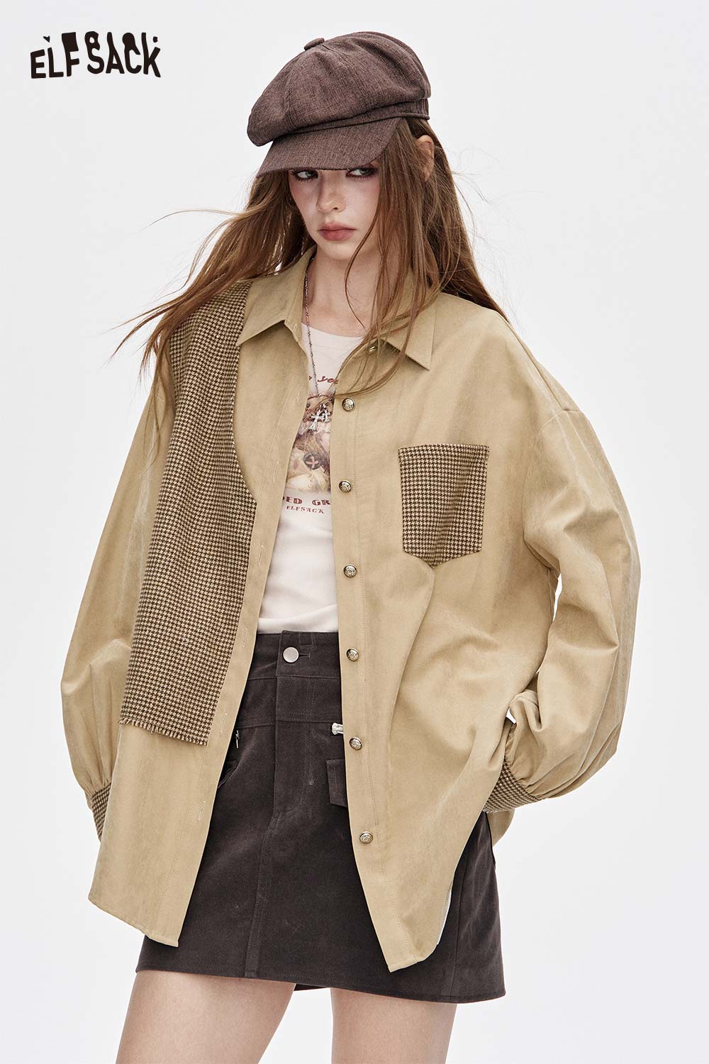 ELFSACK contrast panel oversized shirt featuring mixed materials and a stylish oversized fit