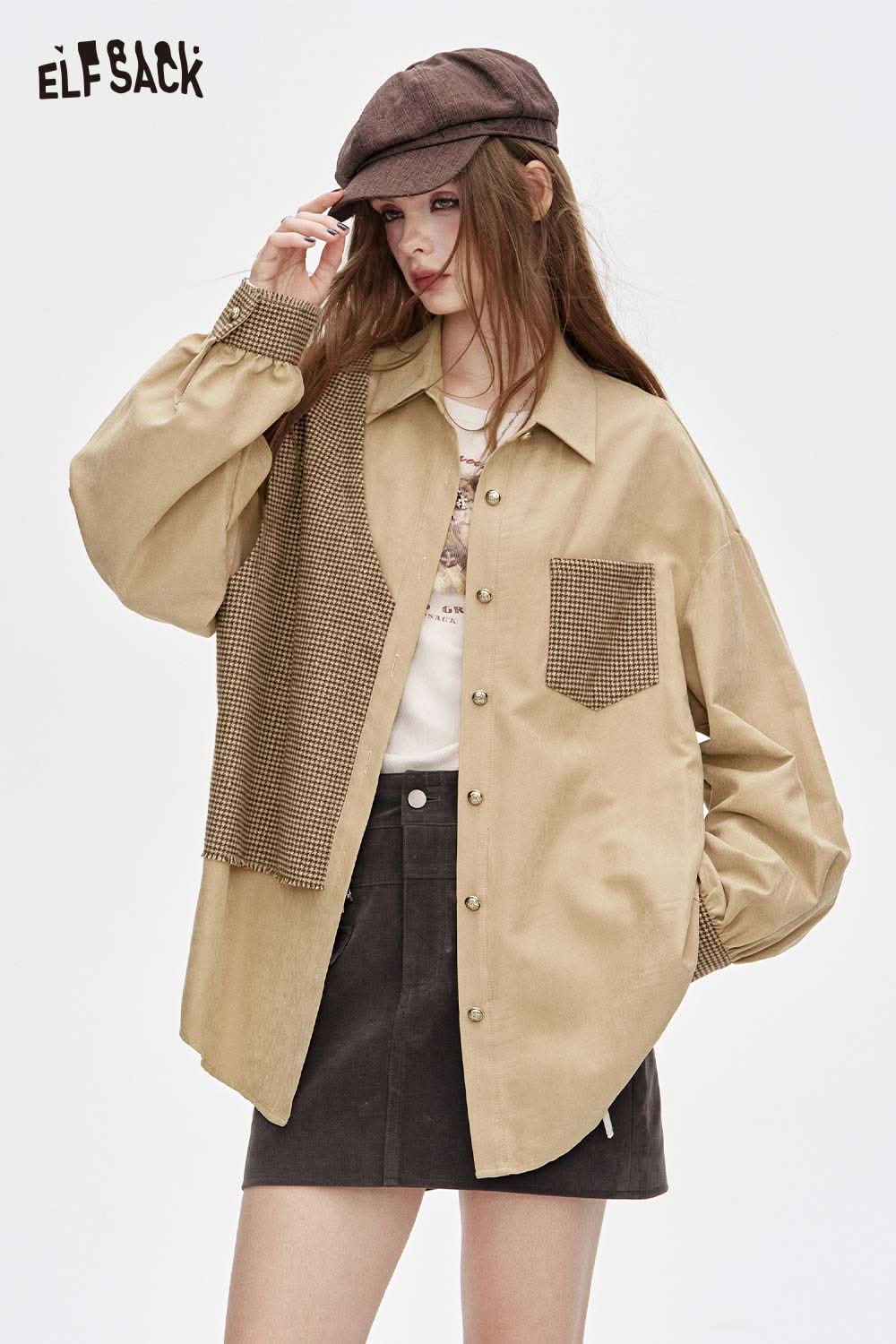 ELFSACK contrast panel oversized shirt in beige with unique pocket design and relaxed fit