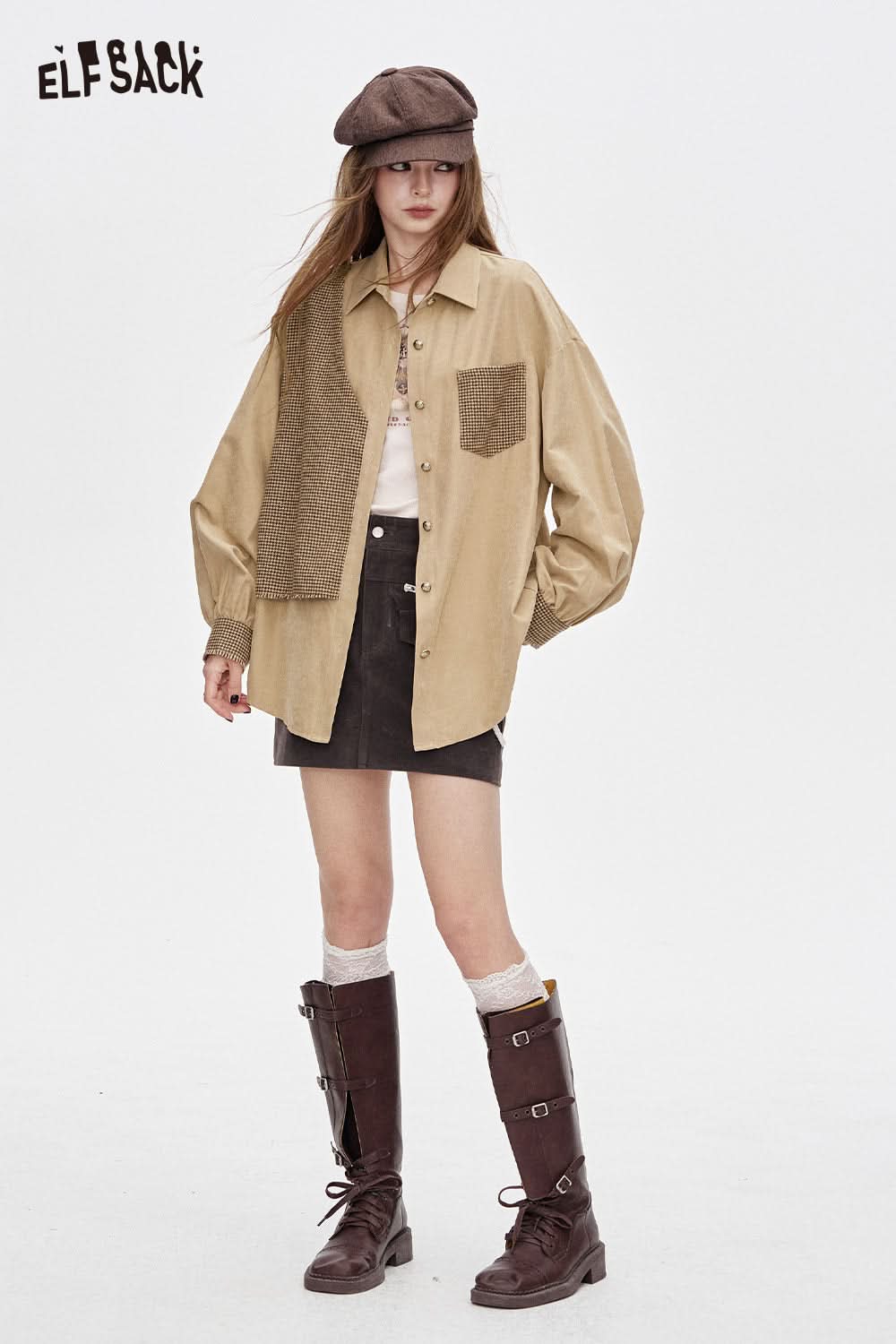 ELFSACK contrast panel oversized shirt in beige with stylish detailing for a trendy casual look