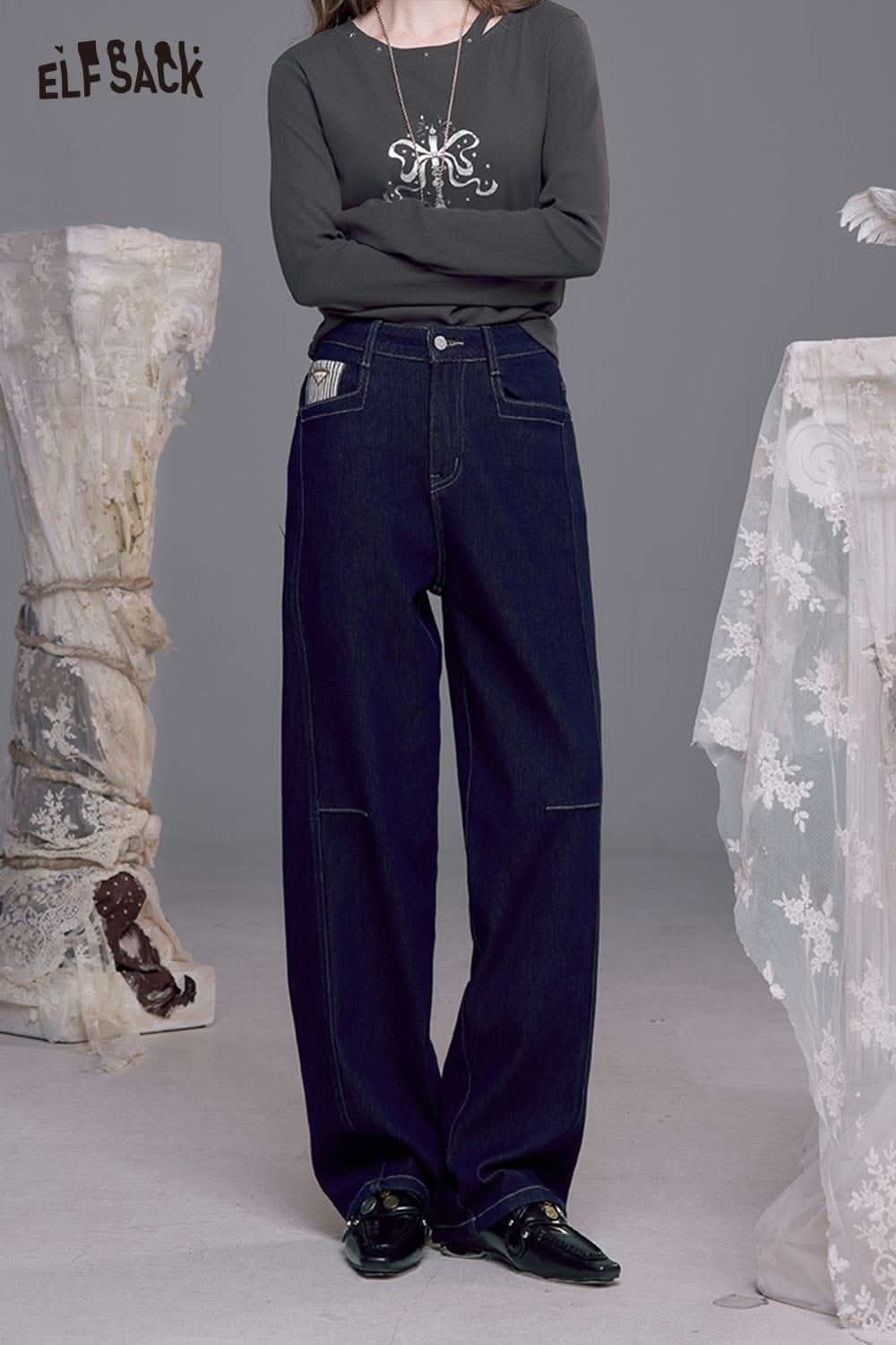 ELFSACK contrast stripe dark wash jeans with a relaxed fit for a trendy casual look