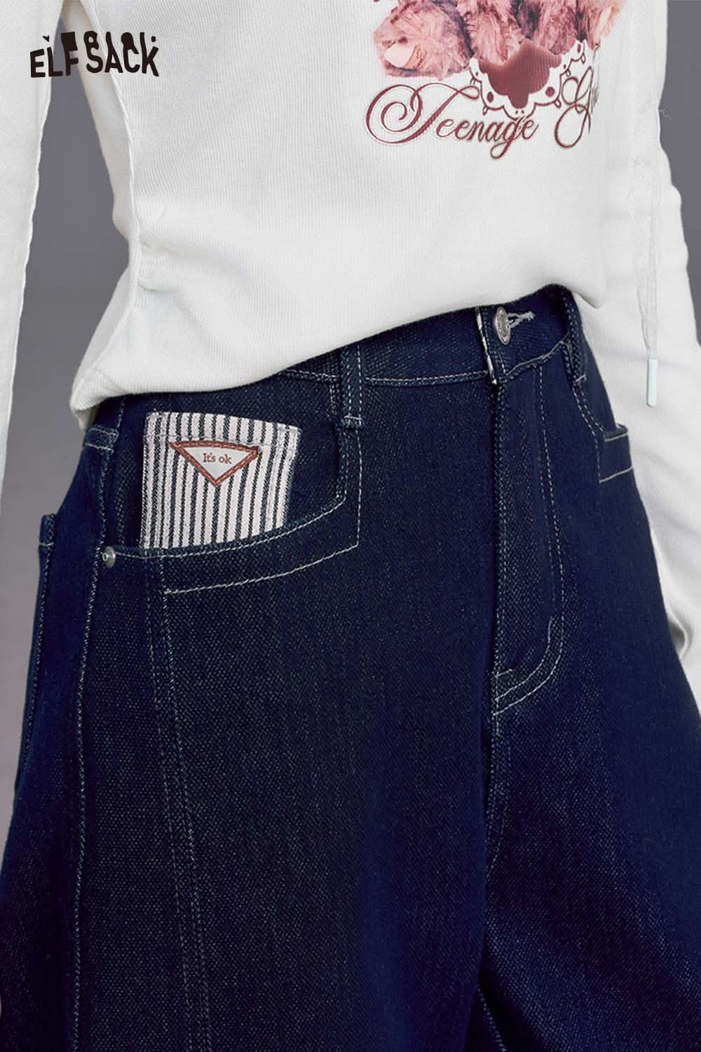 ELFSACK contrast stripe dark wash jeans featuring a stylish design and unique pocket details