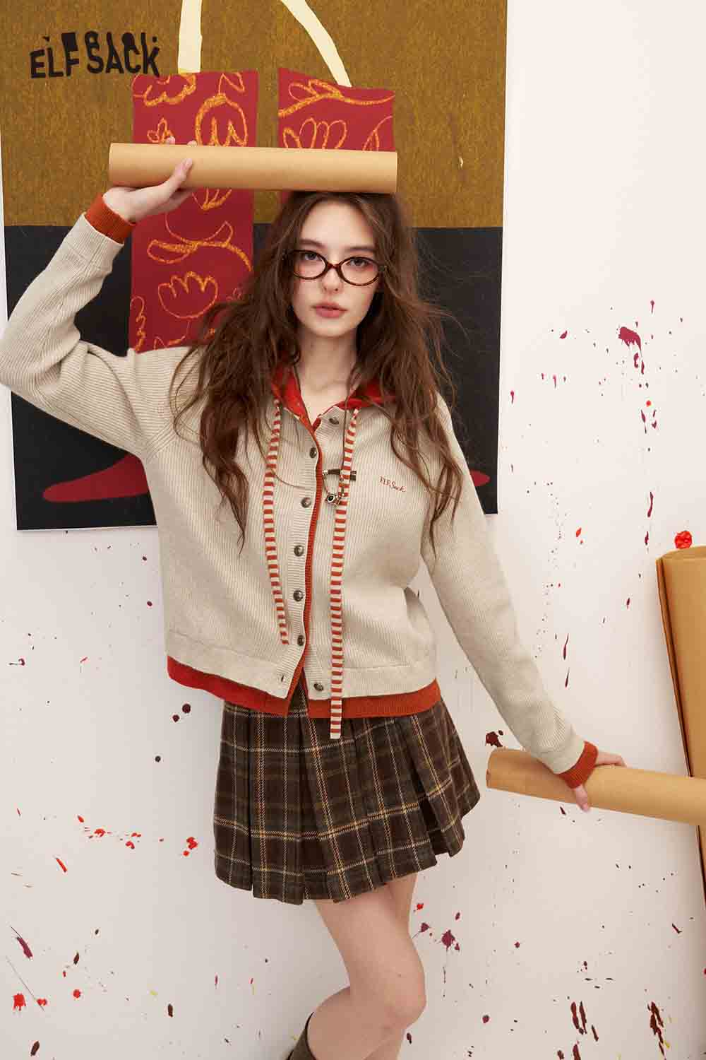 Contrast Trim Striped Drawstring Knit Cardigan