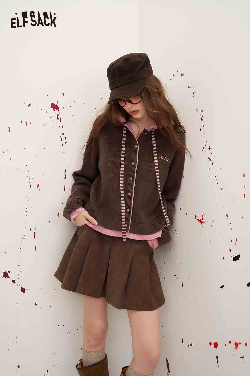 Contrast Trim Striped Drawstring Knit Cardigan
