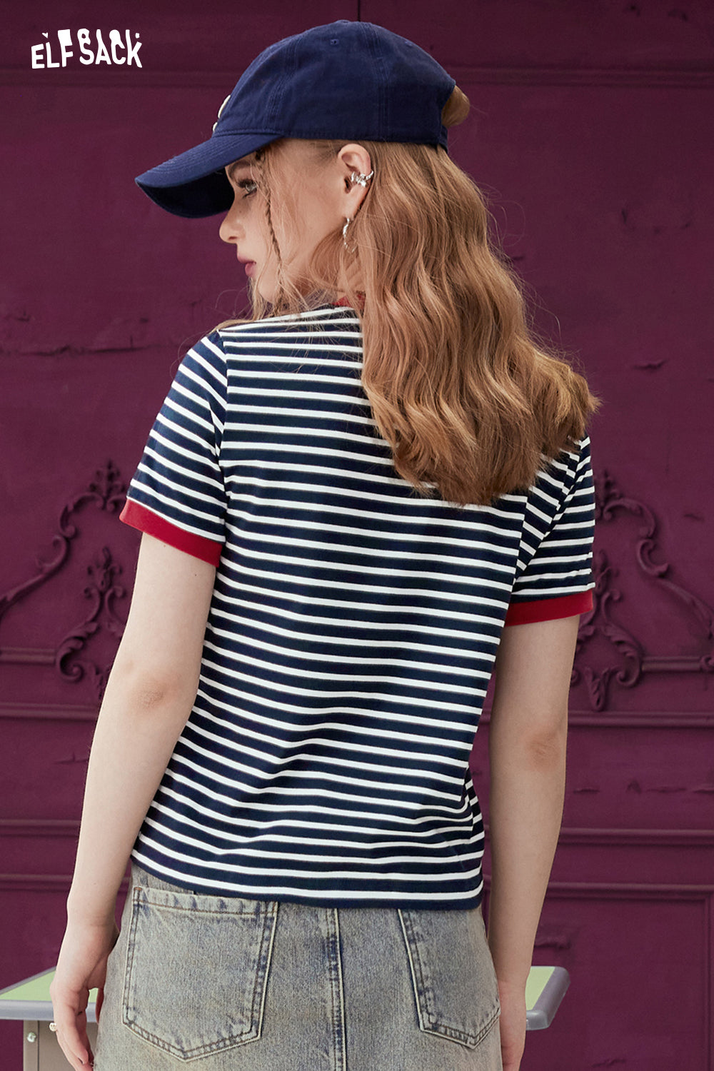ELFSACK women's casual T-shirt with navy and white Contrasting Stripe pattern and red sleeve cuffs