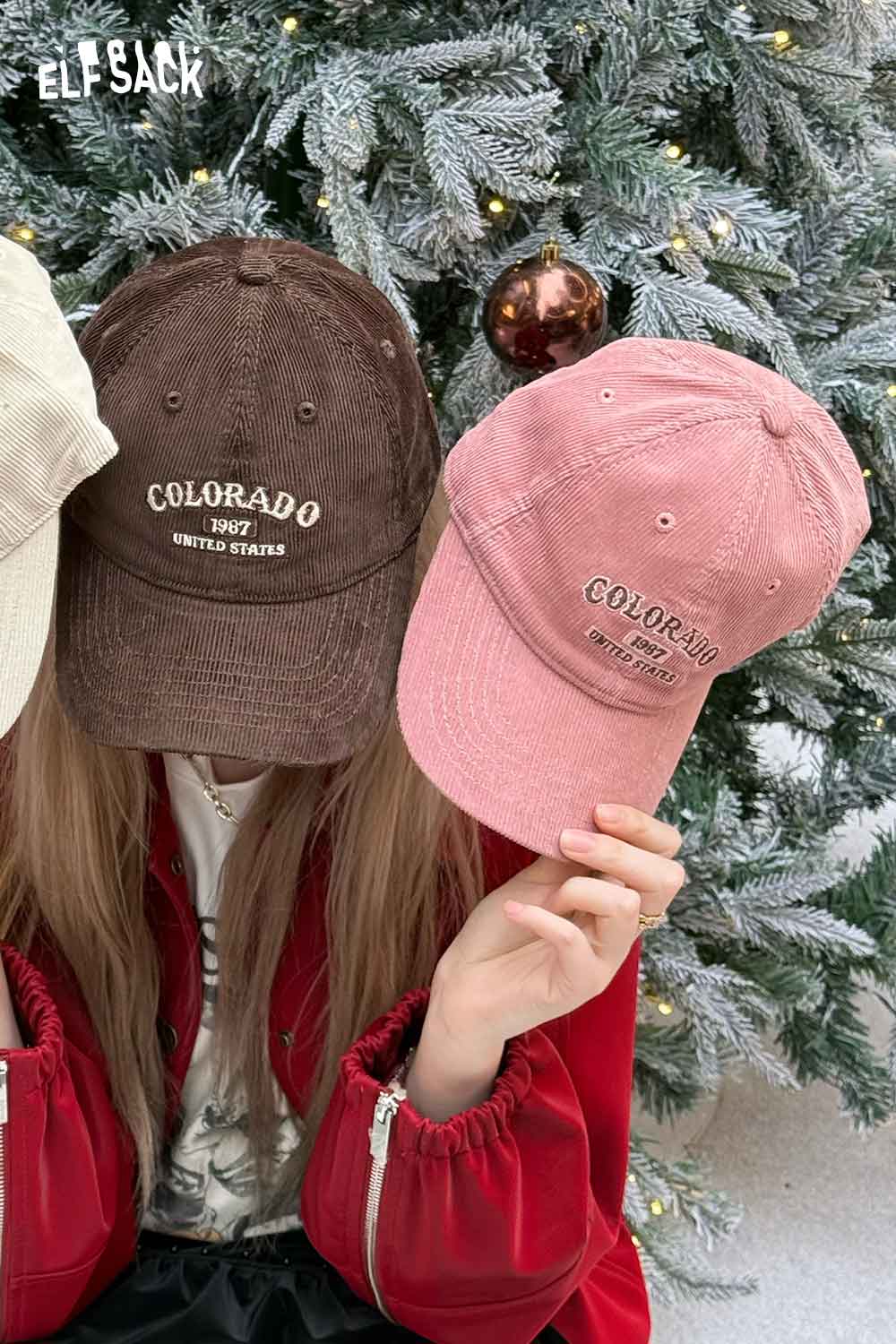 
                  
                    ELFSACK corduroy baseball cap for women in brown and pink with embroidered Colorado design
                  
                