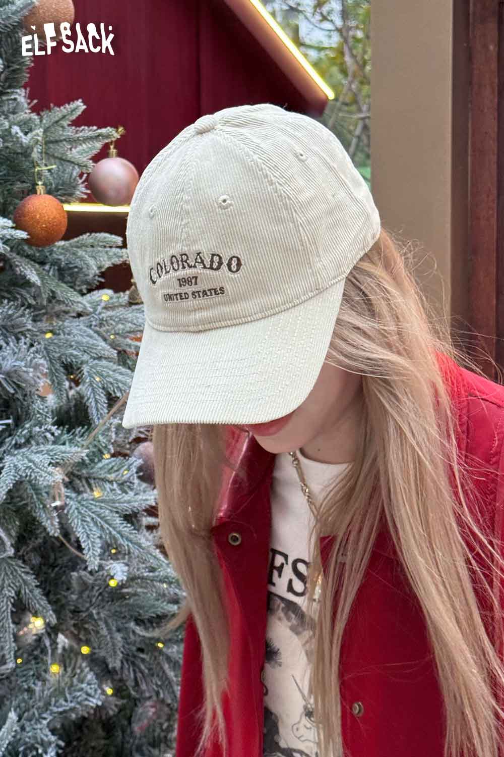 ELFSACK corduroy baseball cap for women in light beige featuring Colorado design