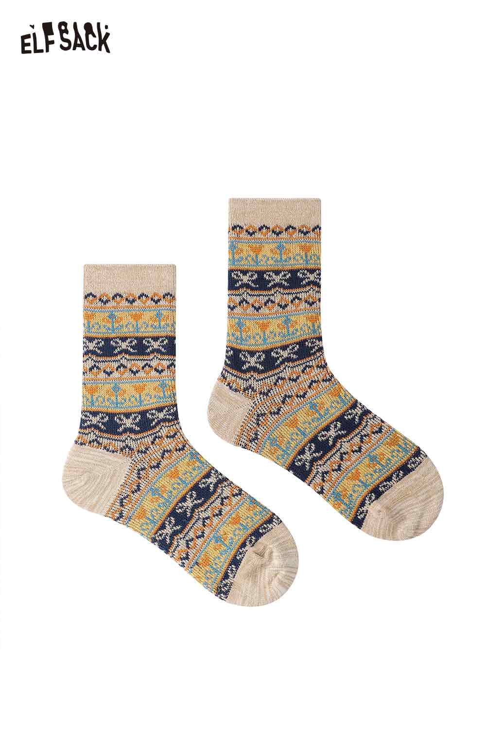 ELFSACK cottagecore floral socks in beige with colorful floral patterns for a vintage aesthetic