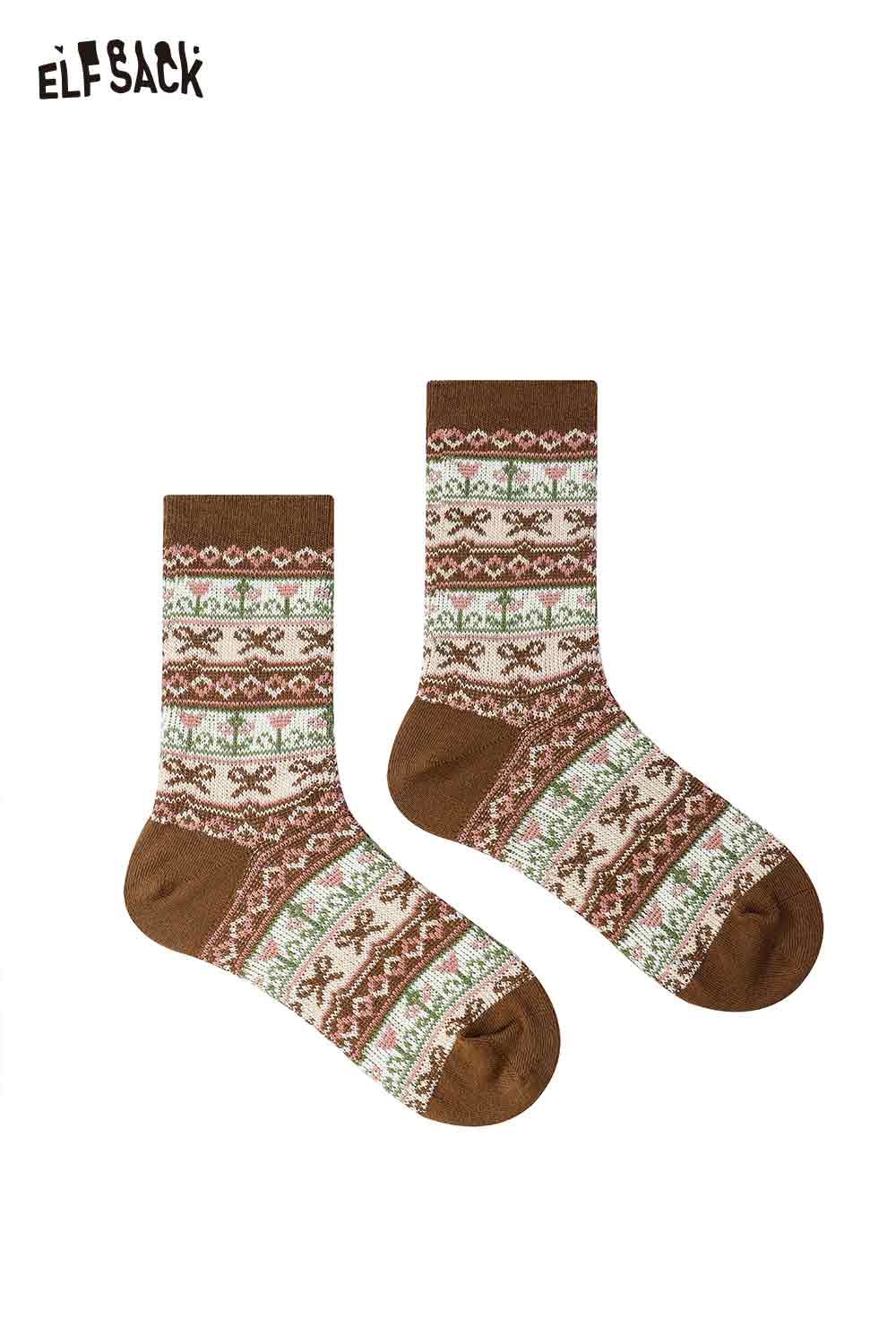 ELFSACK cottagecore floral socks in brown with intricate floral patterns and decorative designs