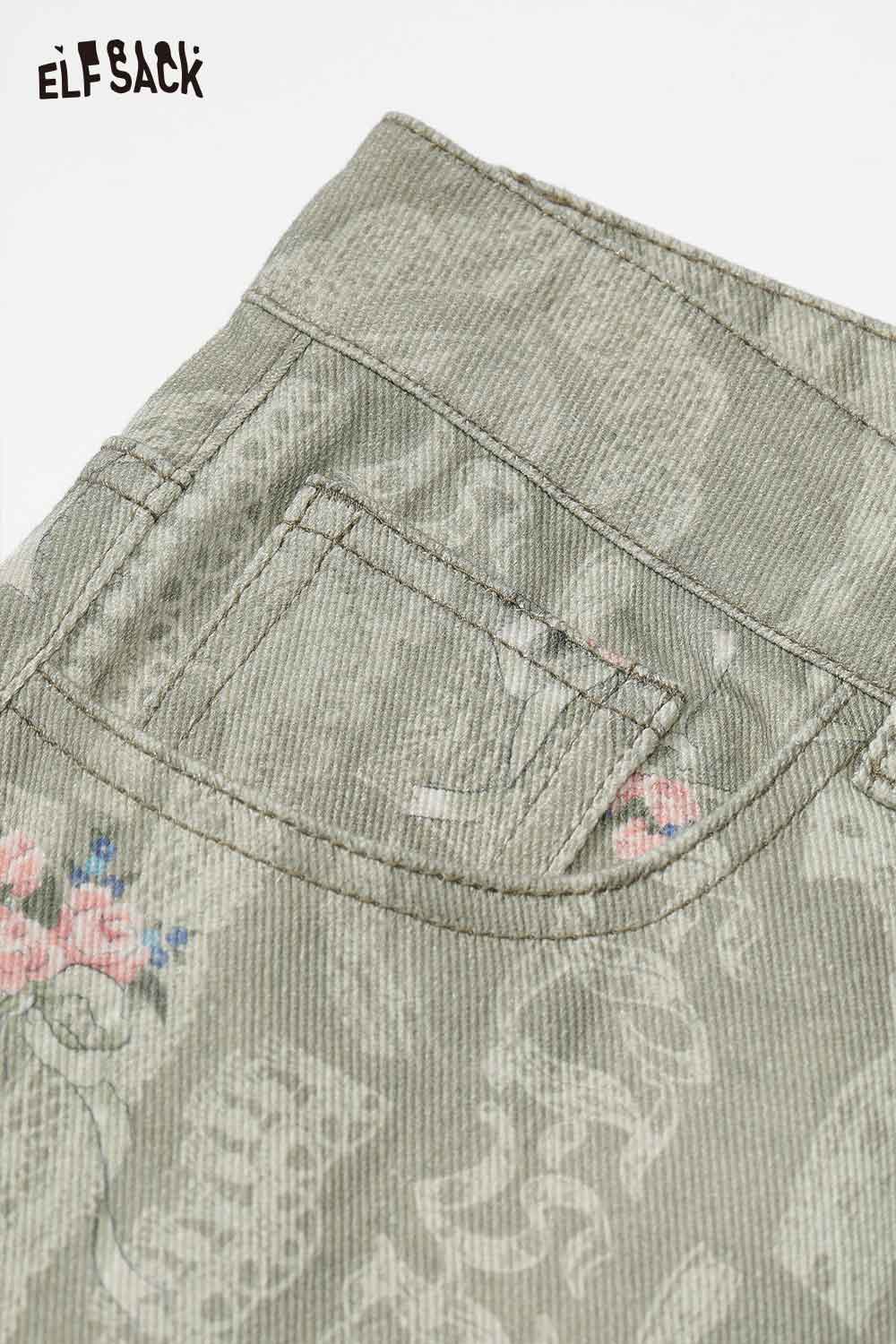 ELFSACK cotton allover print jeans for women featuring a detailed pocket design in a stylish green tone