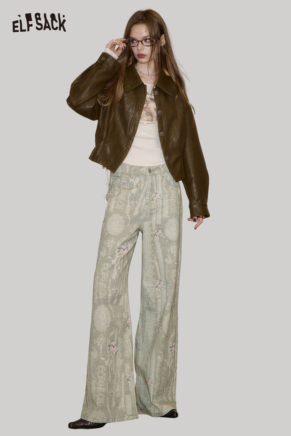 ELFSACK cotton allover print jeans for women in light green with a stylish fit and casual design