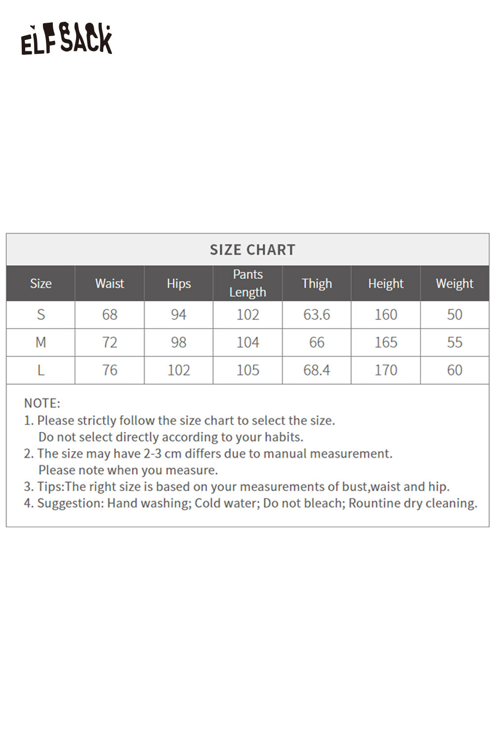 Size chart for ELFSACK cotton allover print jeans for women with measurements for waist, hips, and length