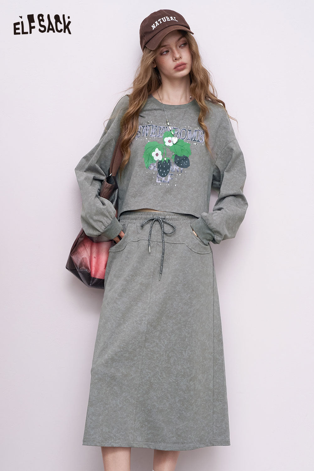 ELFSACK embroidered hoodie dress set in muted green with floral embroidery and drawstring waist